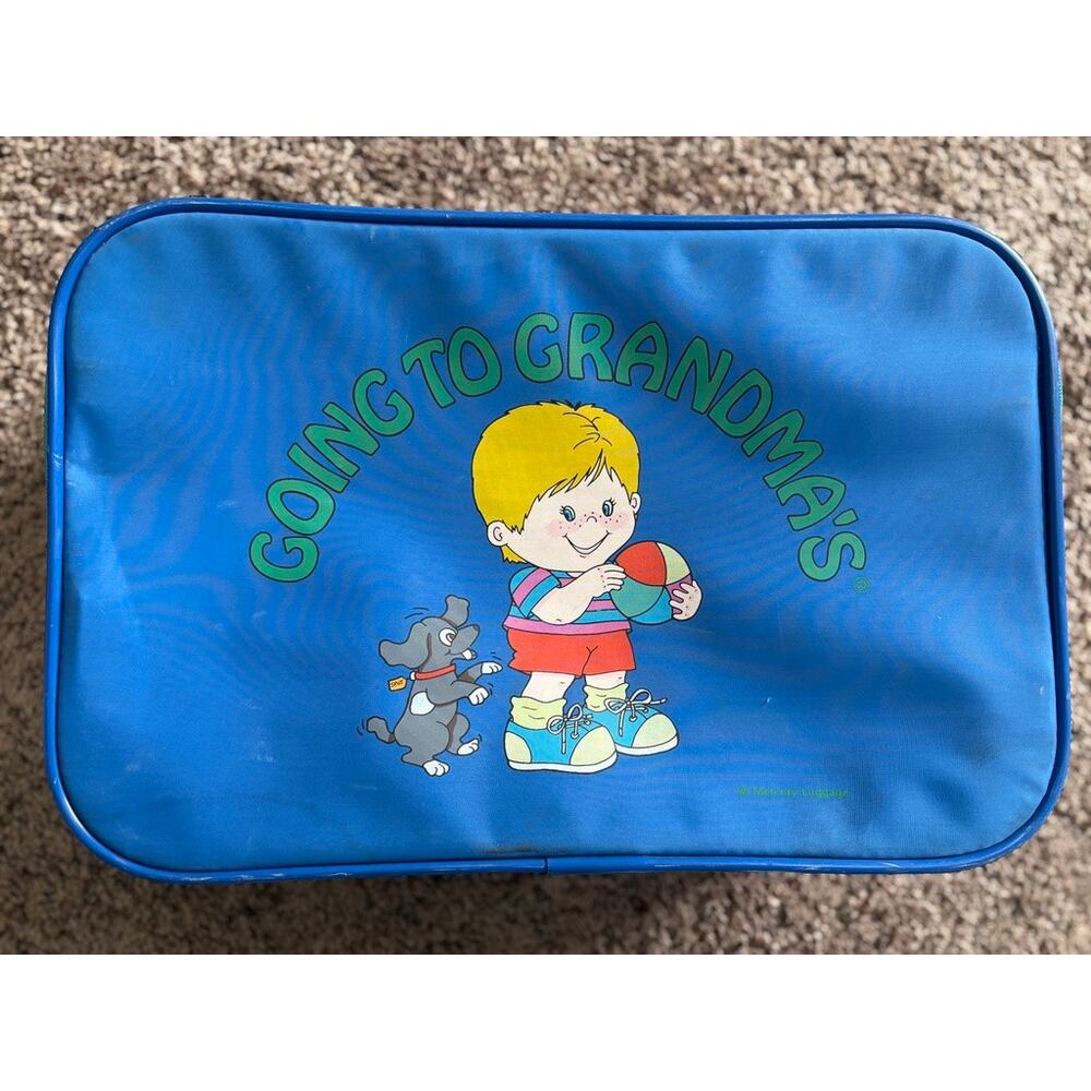 Vintage Going to Grandma's Blue Childrens Suitcase Travel Bag Small 16"